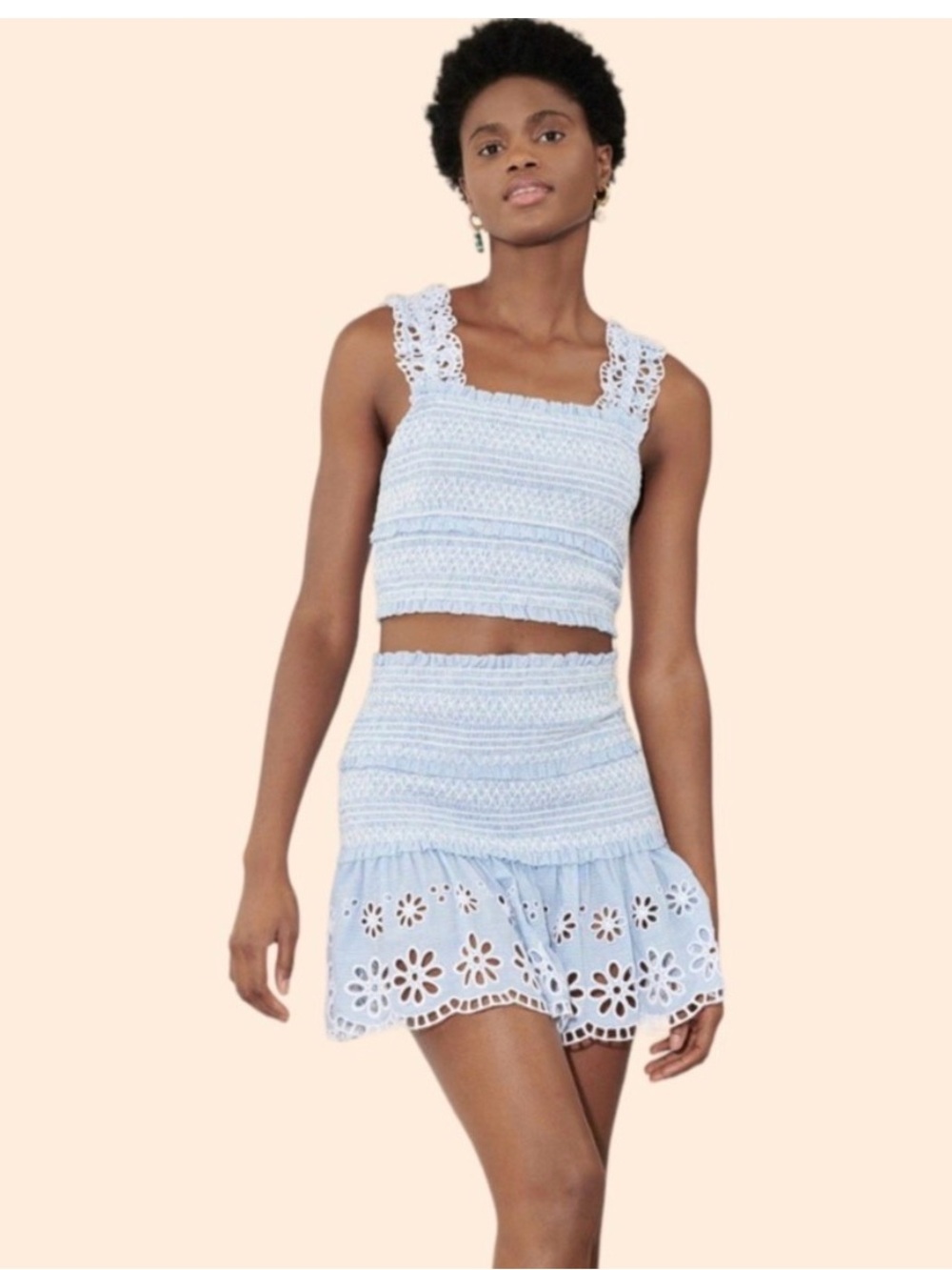 SAYLOR blue and white striped Paloma skirt L smocked waist and eyelet lace trim
